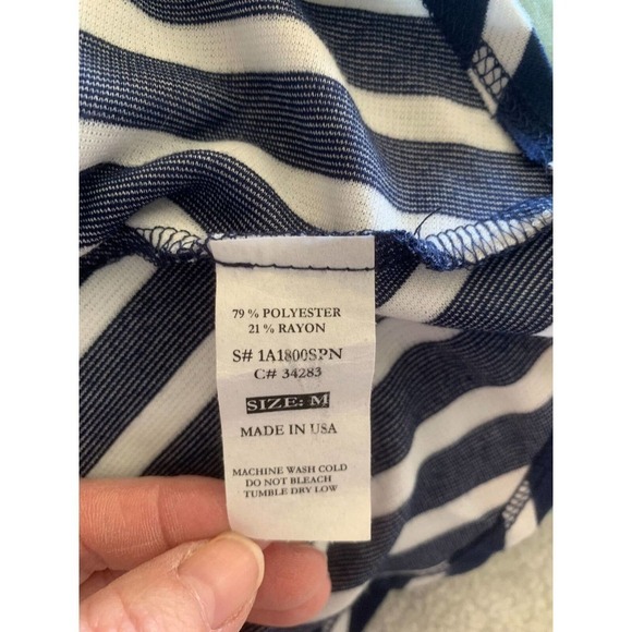 Green Envelope Casual Couture Peplum Top Blouse Nautical Blue White Striped Sz M - Picture 10 of 10